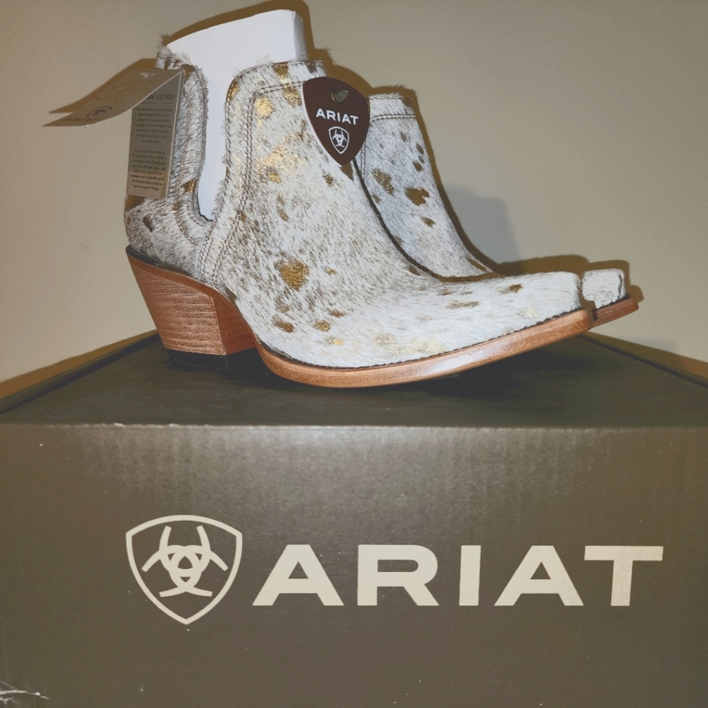 Ariat White and Brown Spotted Leather Cowboy Ankle Boots